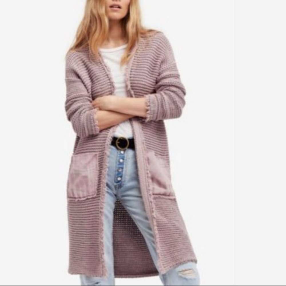 Free people Woodstock Long Fringed Cotton Cardigan Sweater Dusty Rose S/M